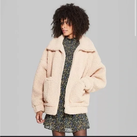 Faux Fur Wild Fable Oversized Sherpa Jacket Fur Coat Pink Denim